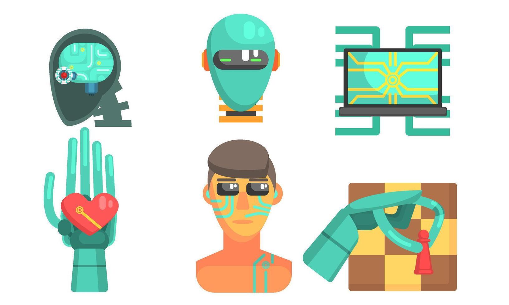 Artificial Intelligence Icons Set, Robotic Cybernetic Technology Objects Illustration vector