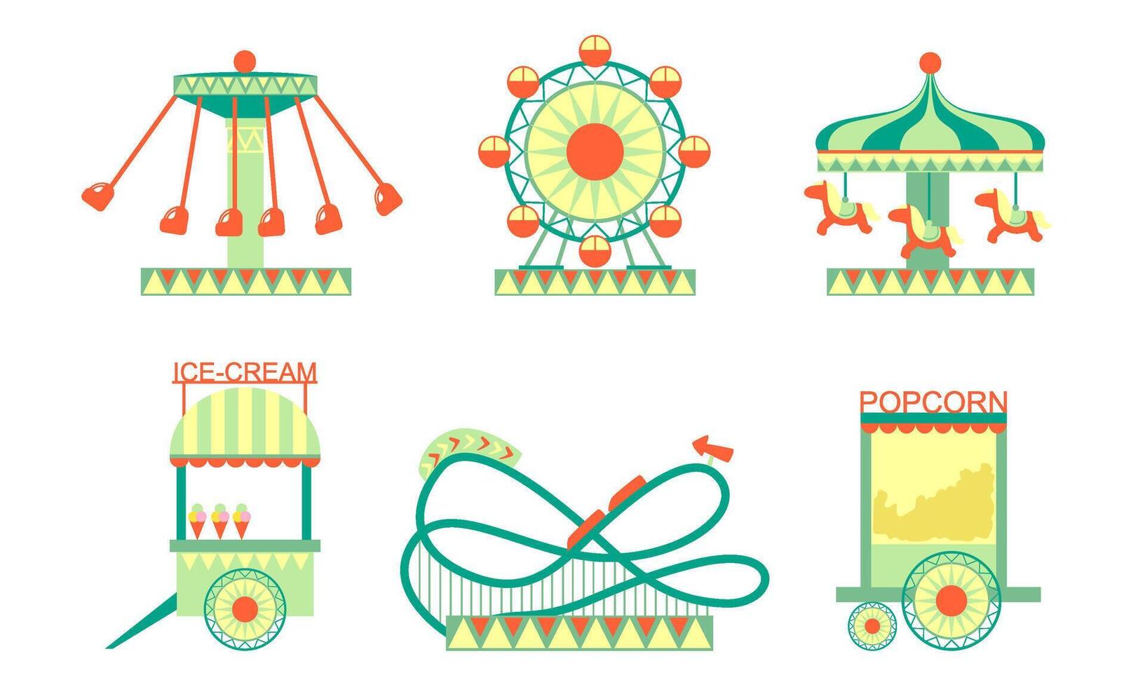 Amusement Park Attractions Icons Set, Roller Coaster, Ferris Wheel, Ice Cream and Popcorn Carts Illustration vector