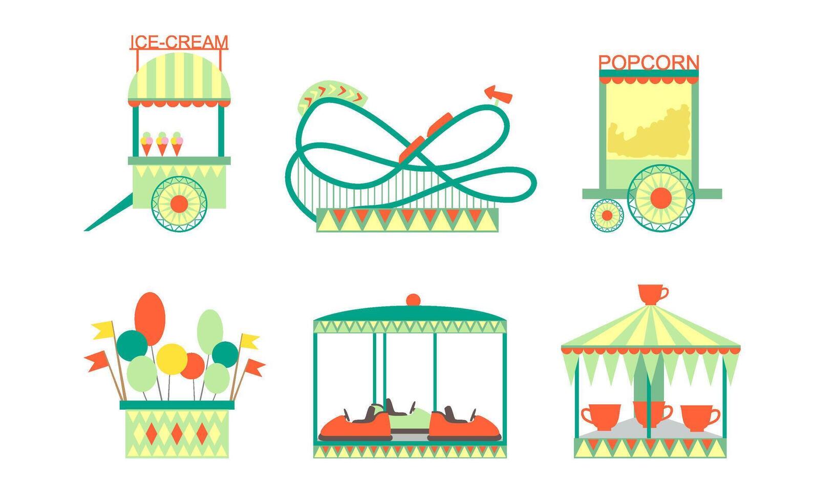 Amusement Park Attractions Icons Set, Roller Coaster, Ferris Wheel, Bumper Cars, Ice Cream and Popcorn Carts Illustration vector