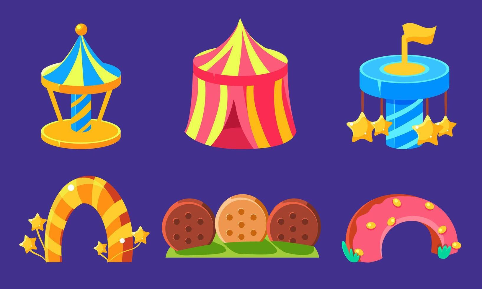 Amusement Park Icons Set, Fairytale Landscape Fantasy Elements for Computer or Mobile Game Interface Illustration vector