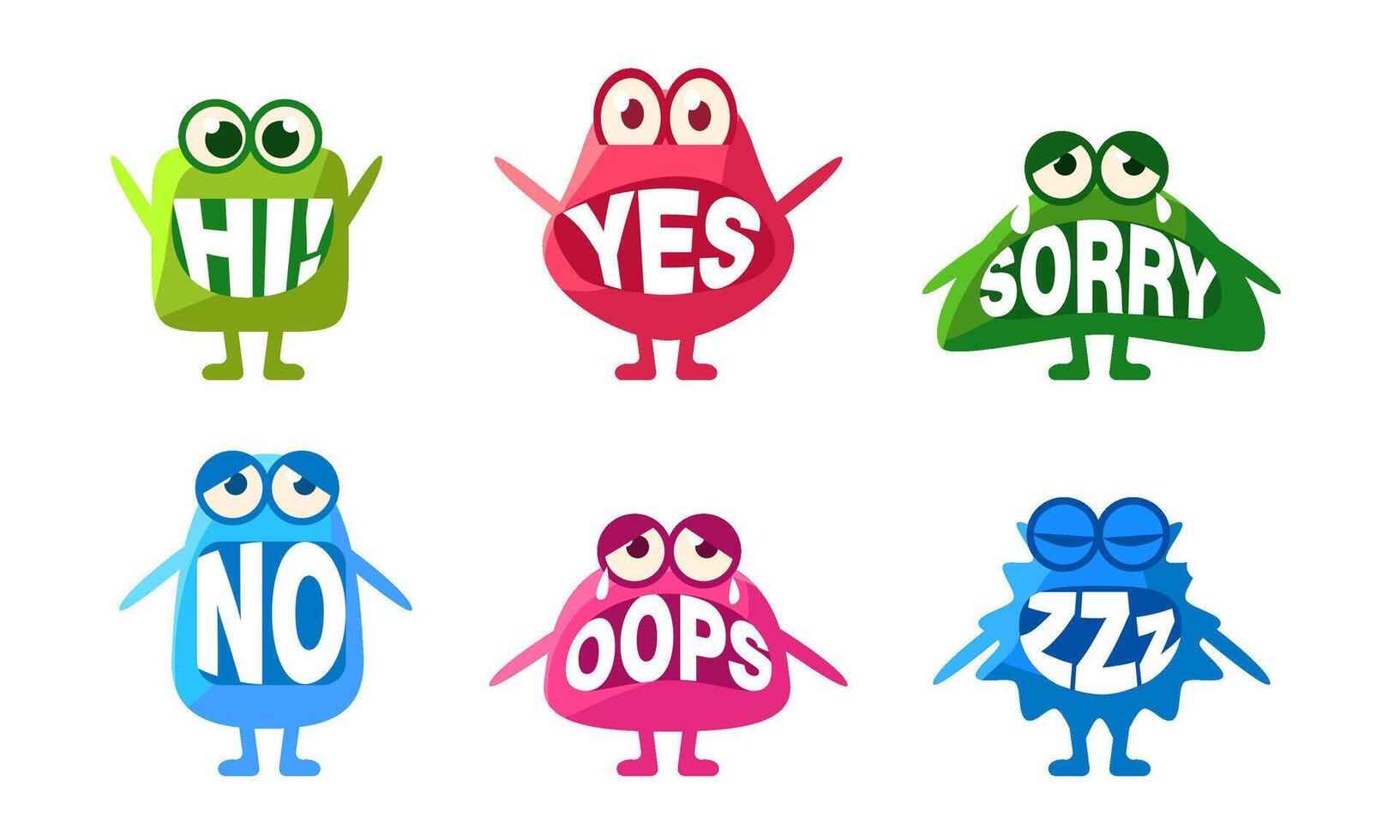 Cute Monsters Characters Set, Colorful Emojis with Words In Their Mouths, Hi, Yes, Sorry, No, Oops, Zzz Illustration vector