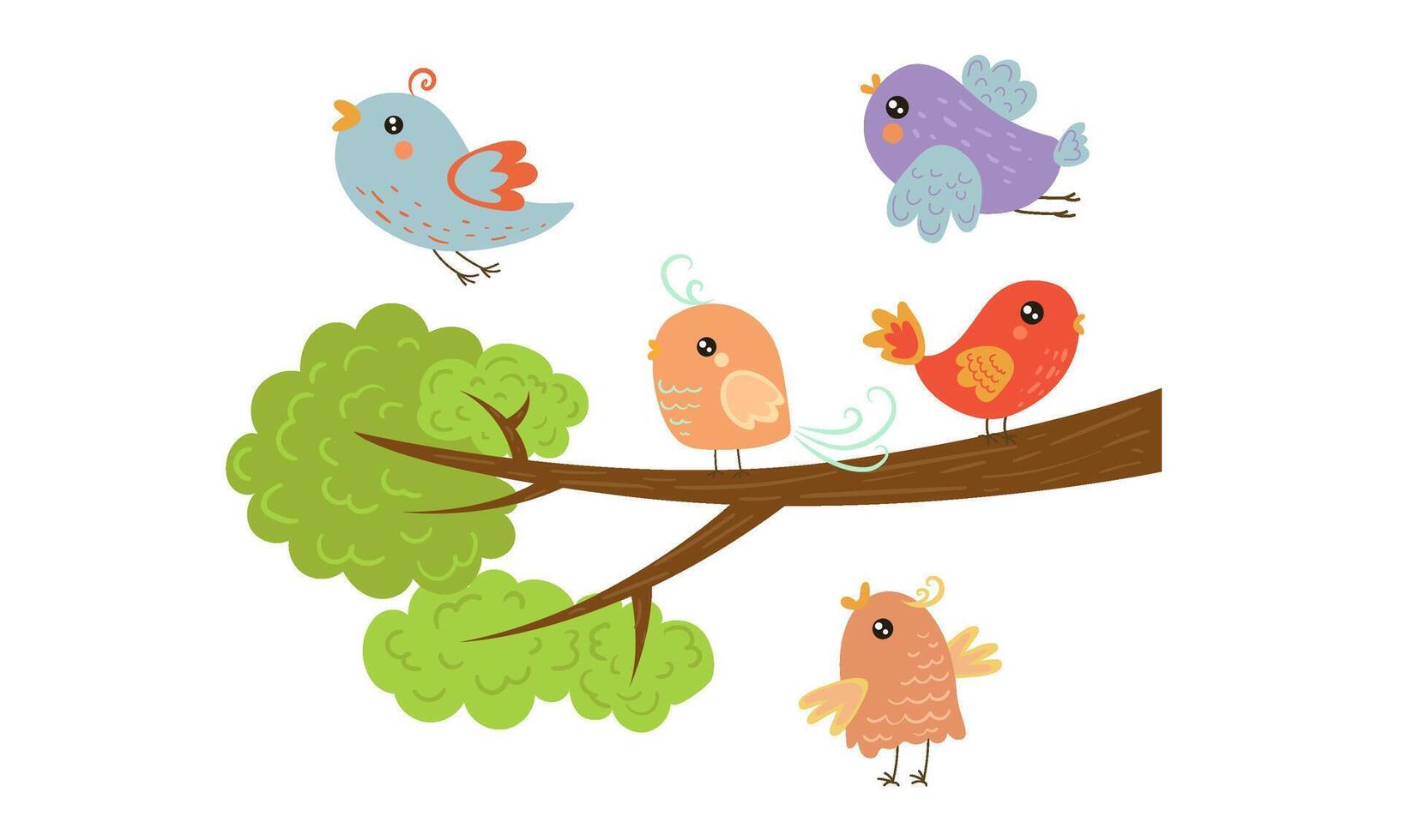 Cute Colorful Birds on Tree Branches with Green Leaves Illustration vector