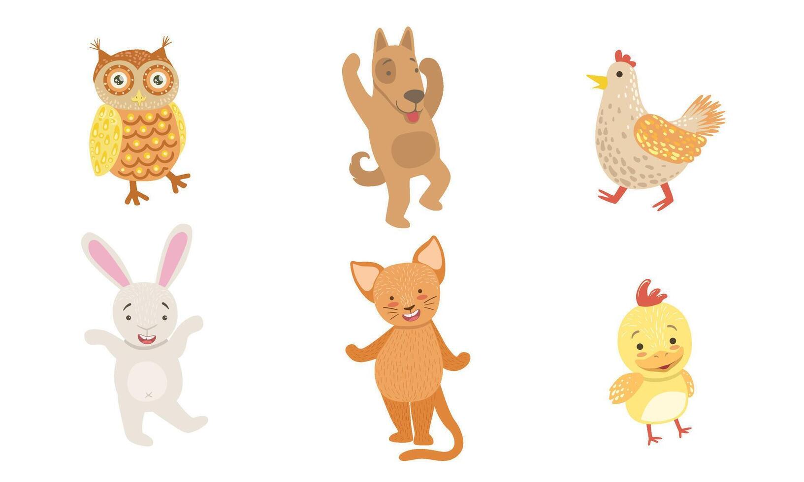 Cute Smiling Animals Set, Happy Owl, Dog, Hen,Chicken, Bunny, Cat Illustration vector