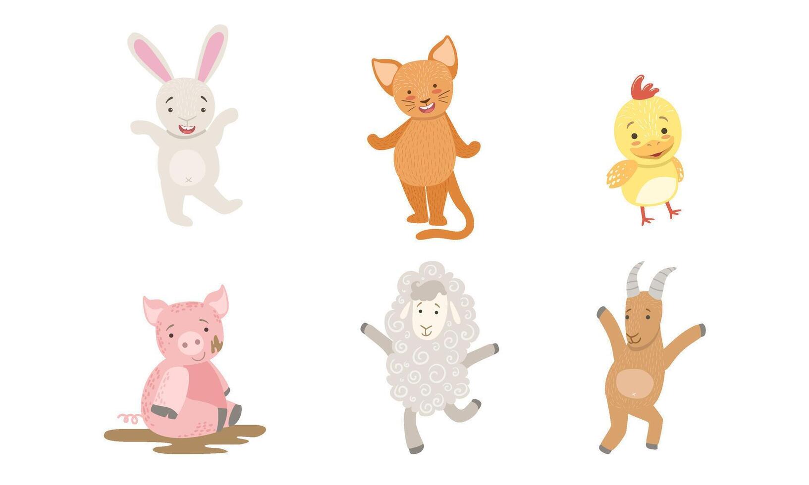 Cute Smiling Animals Set, Happy Chicken, Bunny, Cat, Pig, Sheep, Goat Illustration vector