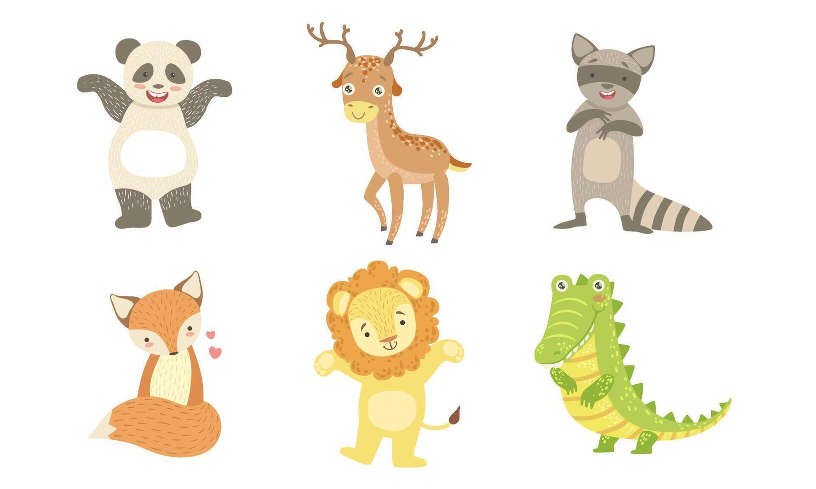 Cute Smiling Animals Set, Happy Panda, Deer, Raccoon, Fox, Lion, Crocodile Illustration vector