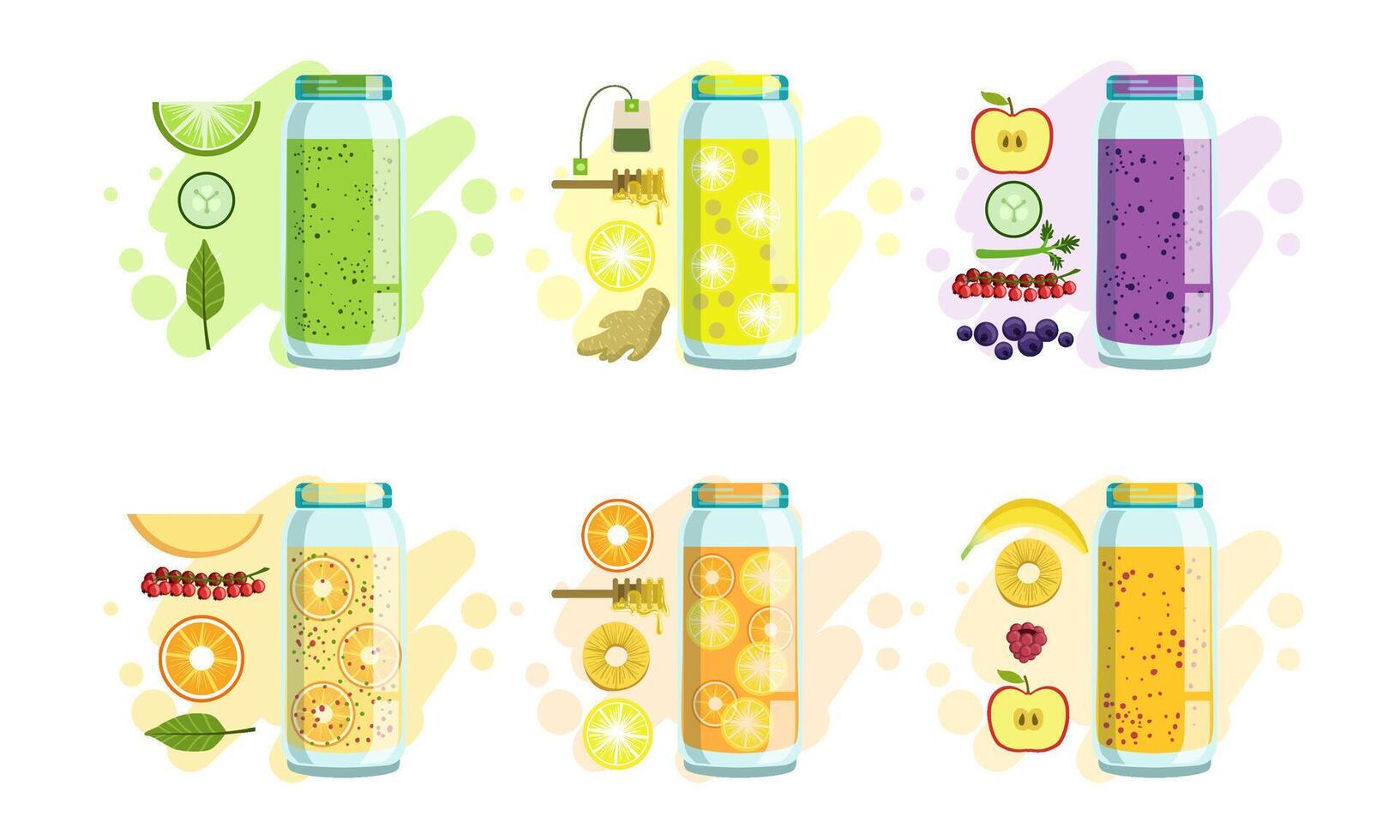 Fruit, Berries and Vegetables Smoothies Set, Detox Cocktails Recipes with Ingredients, Design Element for Cafe, Restaurant, Bar Menu Illustration vector