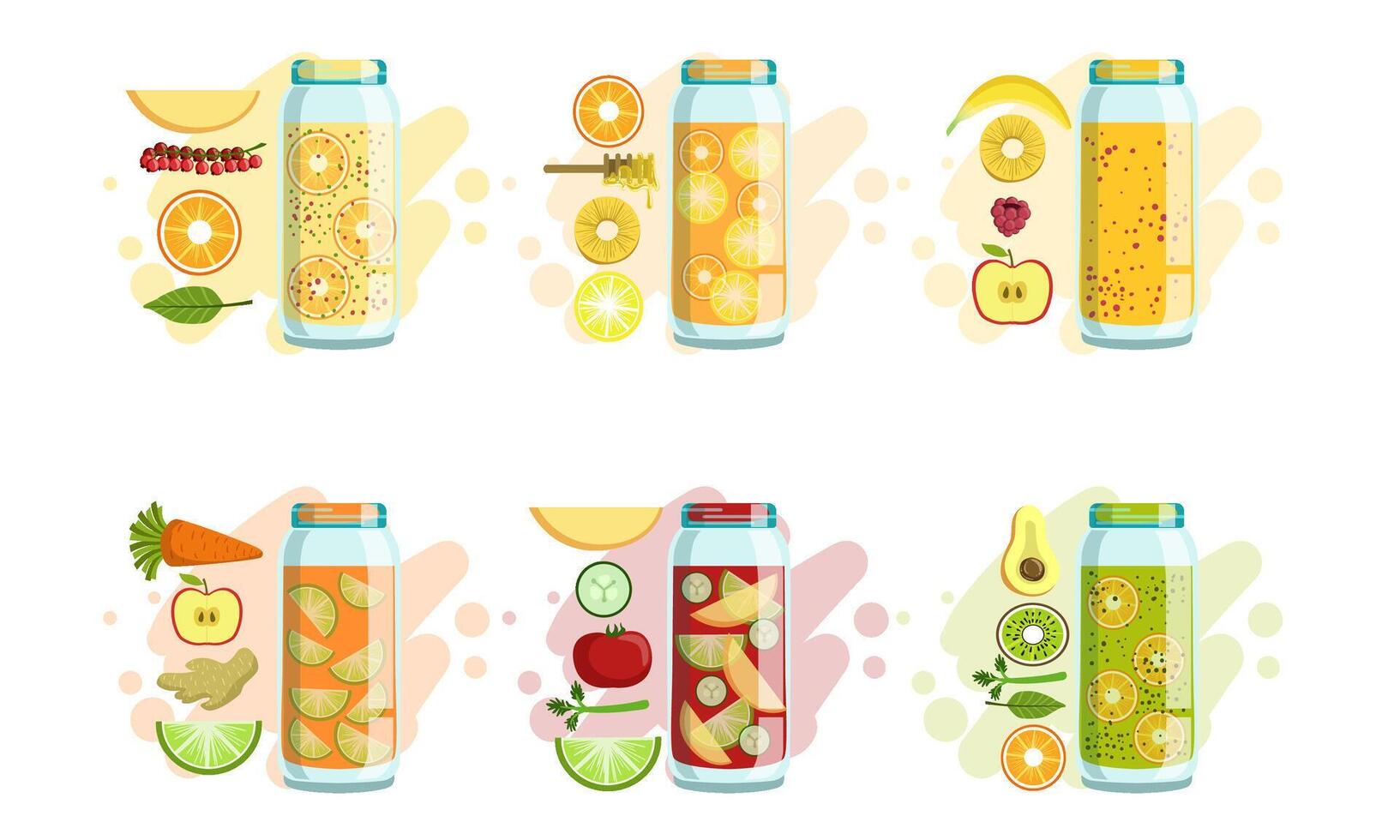 Fruit and Vegetables Smoothies Set, Detox Cocktails Recipes with Ingredients, Design Element for Cafe, Restaurant, Bar Menu Illustration vector