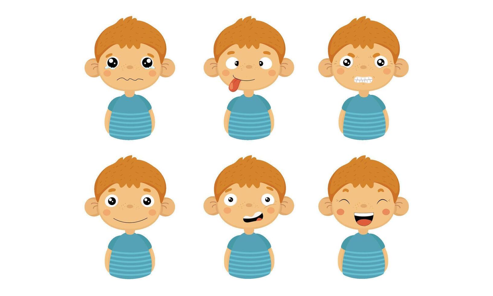Cute Boy Facial Emotions Set, Kids Face with Different Expressions Illustration vector