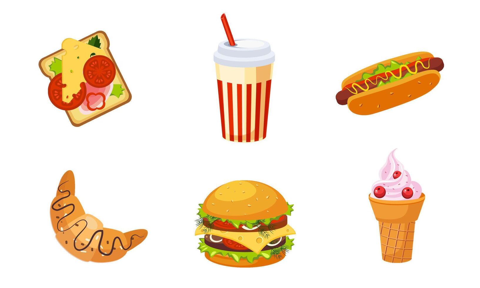 Fast Food Dishes, Drink and Dessert Set, Croissant, Ice Cream, Burger, Sandwich, Soda Drink, Hot Dog Illustration vector