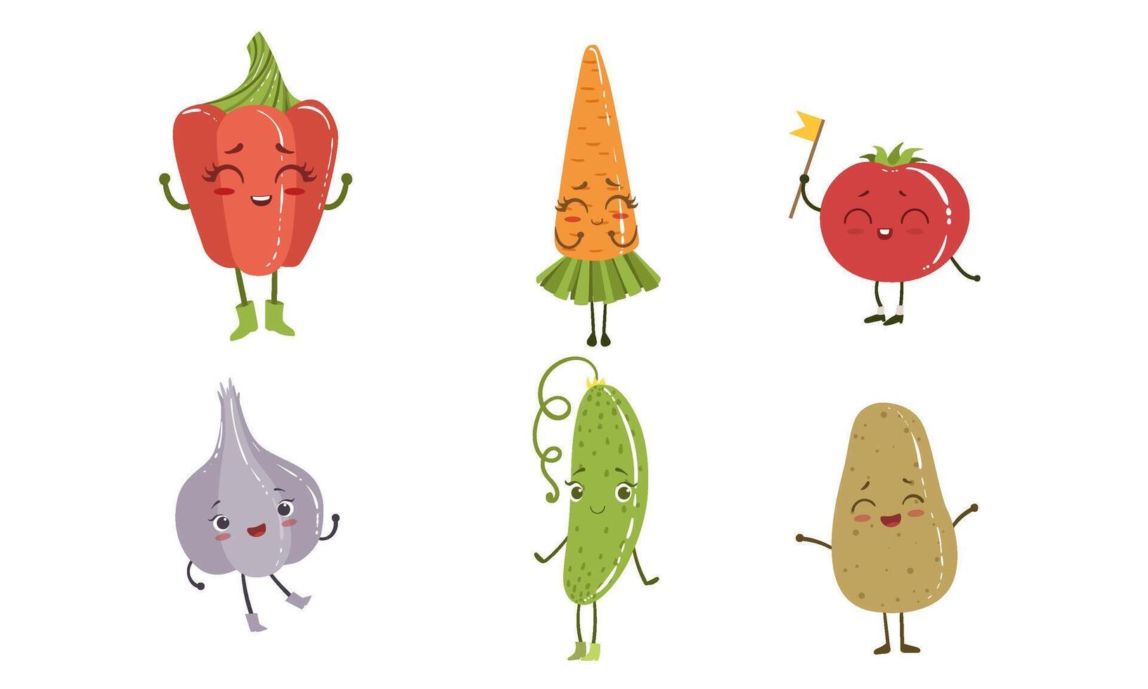 Cute Happy Vegetable Characters Set, Pepper, Carrot, Tomato, Garlic, Cucumber, Potato Illustration vector