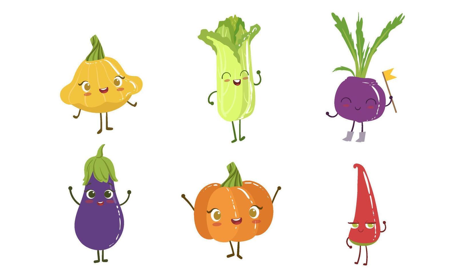 Cute Happy Vegetable Characters Set, Squash, Chinese Cabbage, Beet, Eggplant, Onion, Hot Pepper Illustration vector