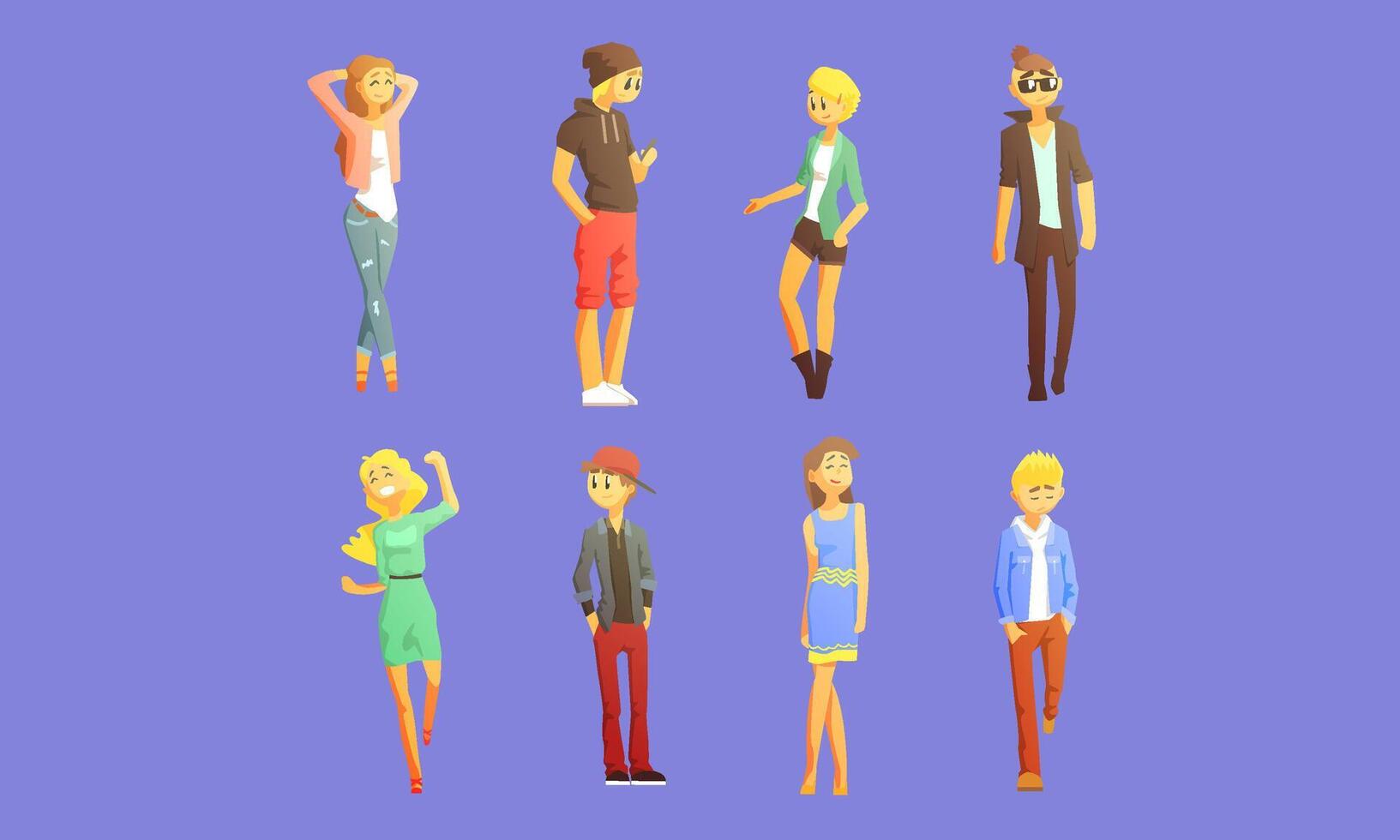 Fashionable Guys and Girls Dressed in Trendy Clothes Set, Charismatic Young People Characters Illustration vector