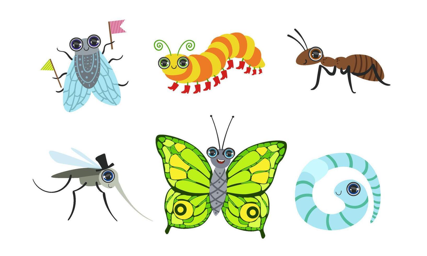 Collection of Cute Funny Cartoon Insects Set, Fly, Ant, Mosquito, Butterfly, Caterpillar, Worm Illustration vector