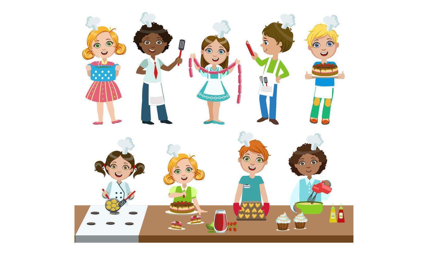 Cute Boys and Girls in Uniform Cooking in Kitchen Set, Kids Cooking Class Illustration vector