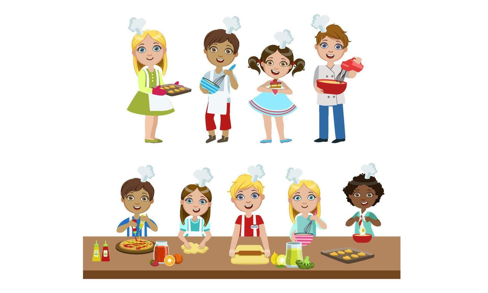 Cute Boys and Girls in Uniform Cooking in Kitchen Set, Kids Cooking Various Dishes Using Utensils Illustration vector