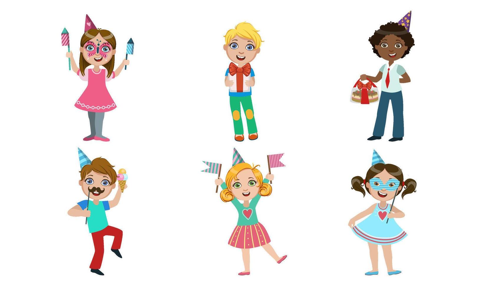 Happy Kids Having Fun at Birthday Party, Carnival or Masquerade Set Illustration vector