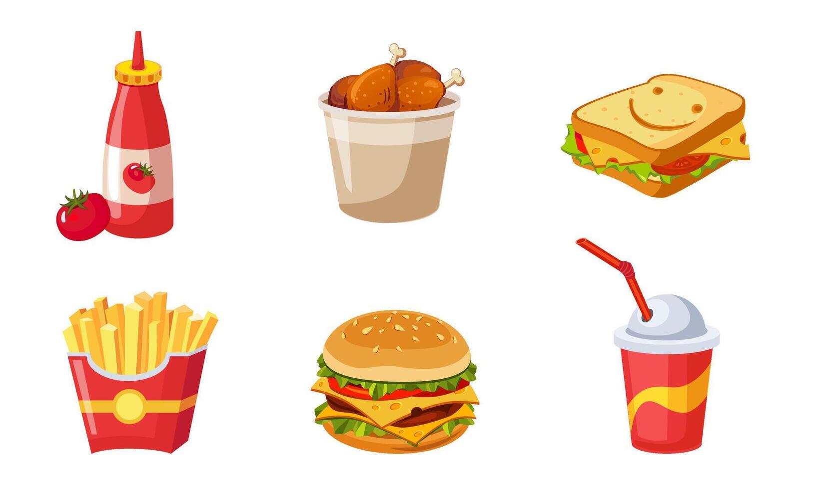 Fast Food Dishes Set, Ketchup Bottle, Drumstick, Sandwich, French Fries, Hamburger, Soda Drink Illustration vector