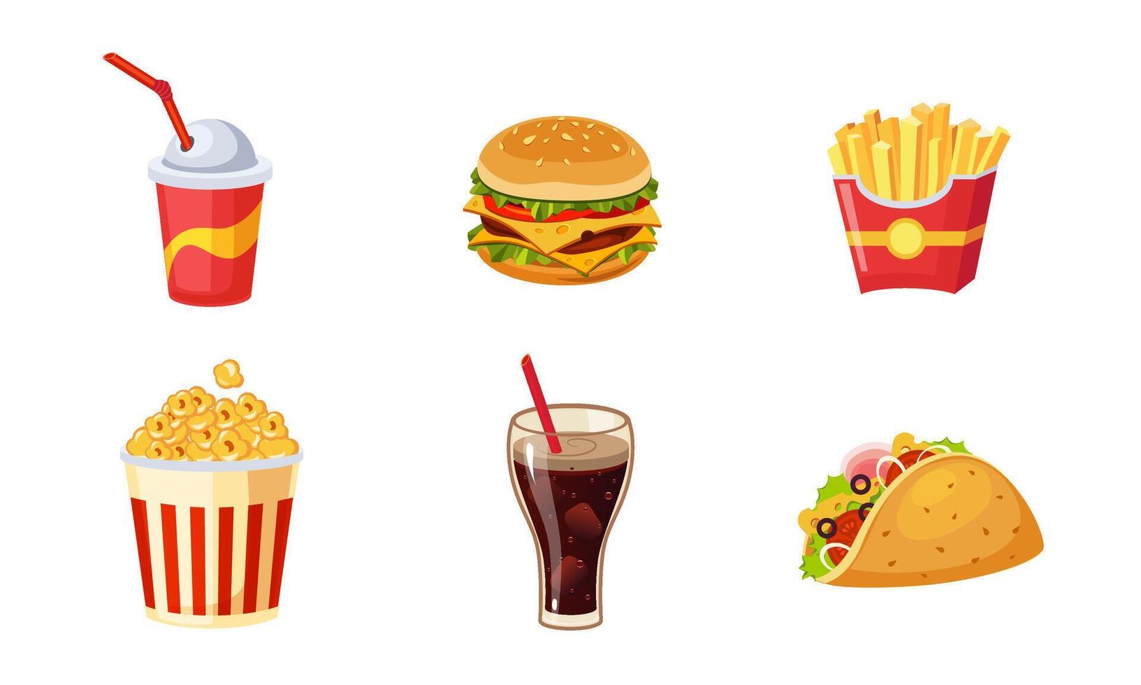 Fast Food Dishes Set, French Fries, Hamburger, Soda Drink, Taco, Popcorn, Coffee Illustration vector