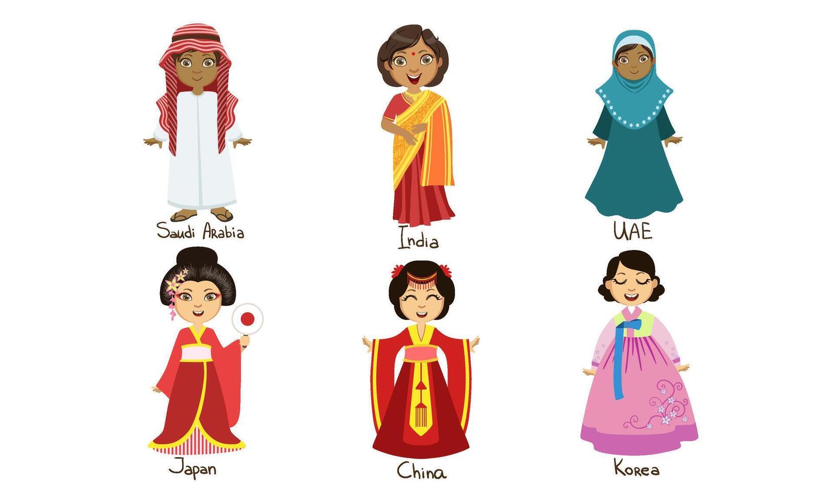 Kids in Traditional Costumes Set, Saudi Arabia, India, Uae, Japan, China, Korea Illustration vector