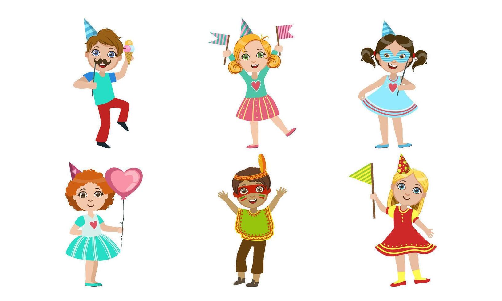 Happy Boys and Girls Celebrating Party with Balloons, Party Hats, Flags and Masks, Happy Birthday Set Illustration vector