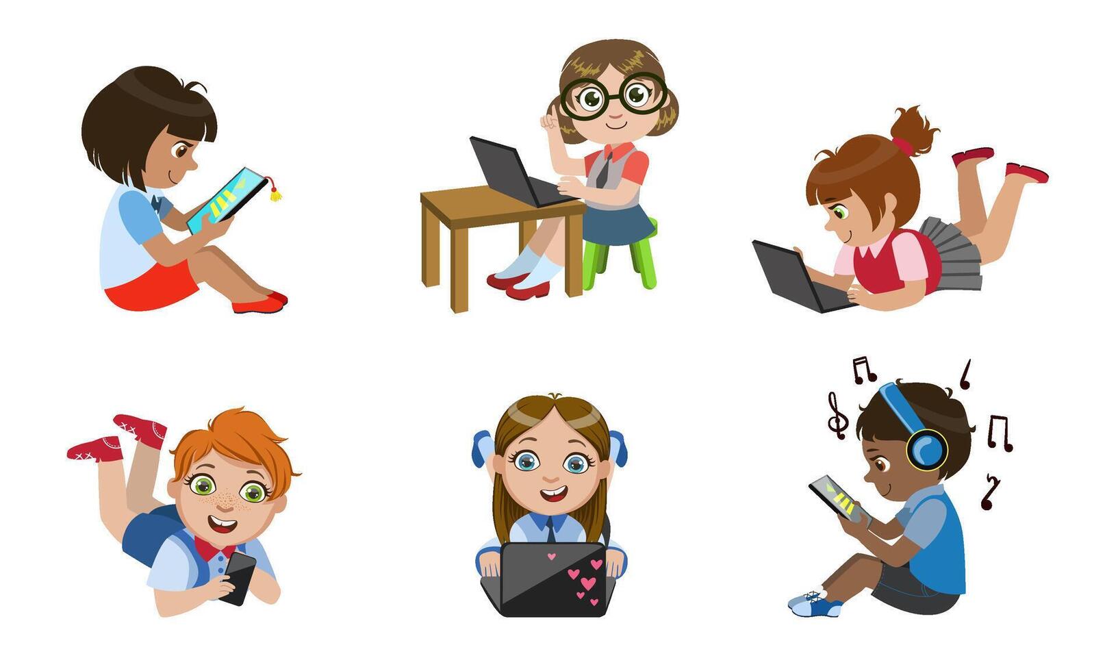 Kids with Gadgets Set, Smiling Boys and Girls Characters Using Tablet, Smartphone, Laptop, Media Player Illustration vector