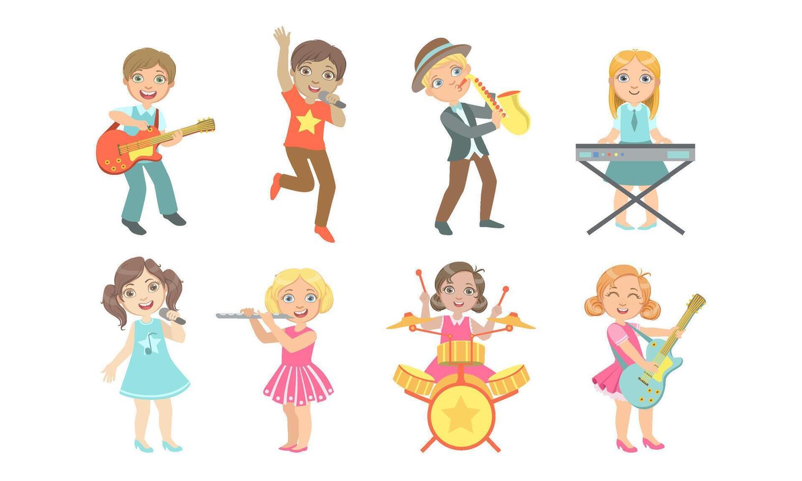 Kids Playing Musical Instruments and Singing Set, Talented Boys and Girls Musicians Performing On Stage Illustration vector