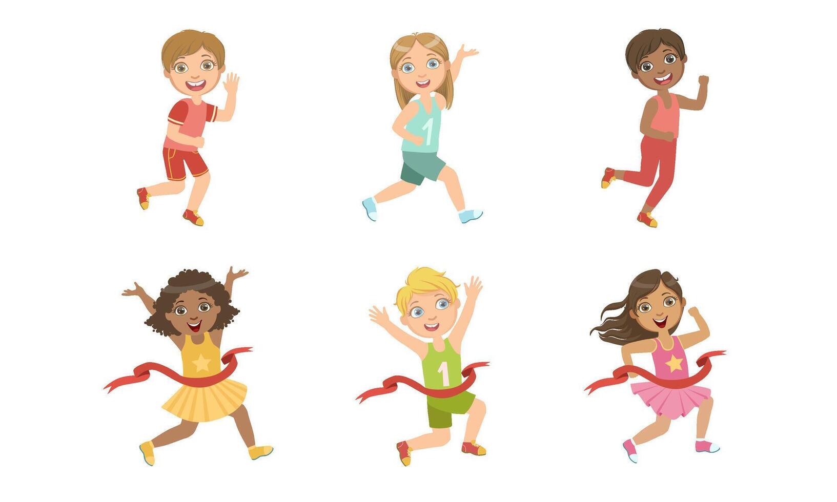 Kids Running Set, Adorable Boys and Girls Doing Sport, Taking Part at Running Competition, Marathon Illustration vector