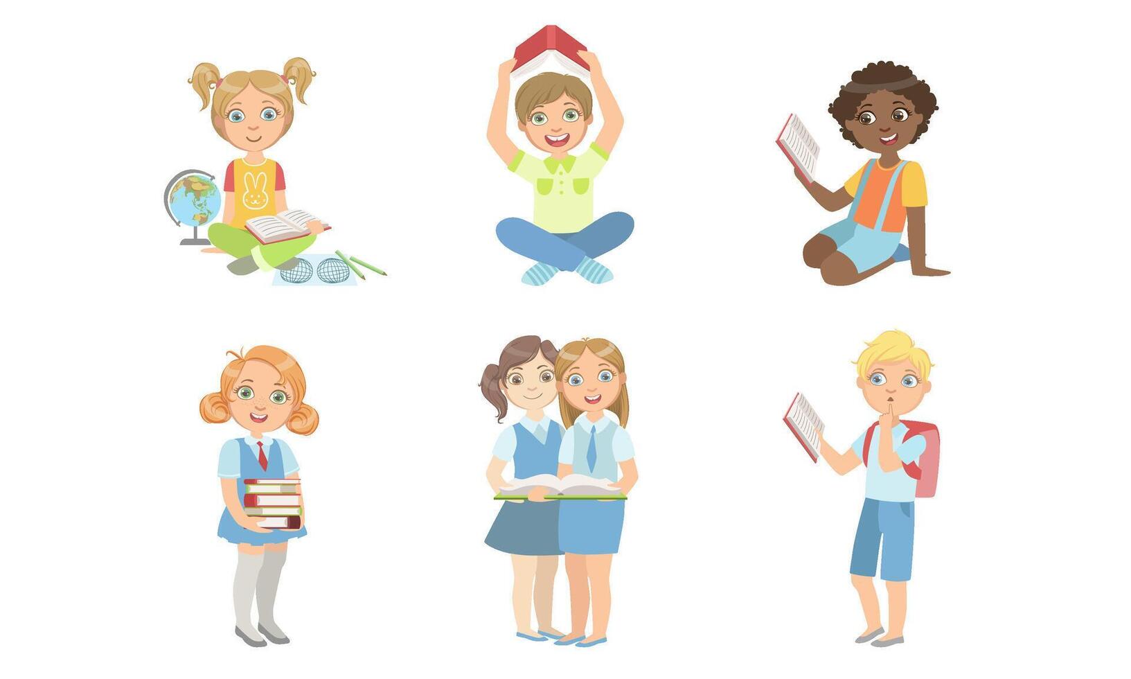 Kid Reading Books Set, Elementary School Students Studying and Enjoying Literature Illustration vector
