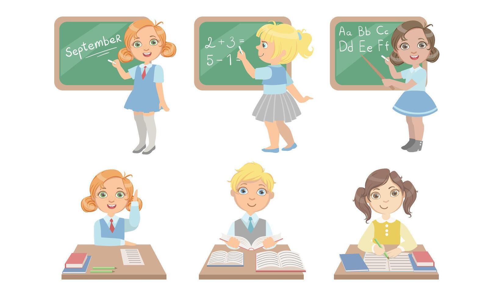 Kid Reading Books Set, Students Studying at School Illustration vector