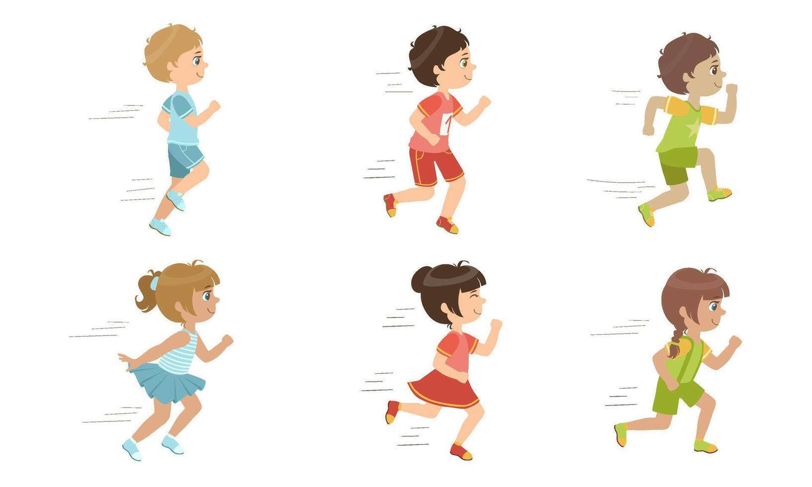 Cute Kids Running Set, Adorable Boys and Girls Doing Sport, Taking Part at Running Competition, Marathon Illustration vector