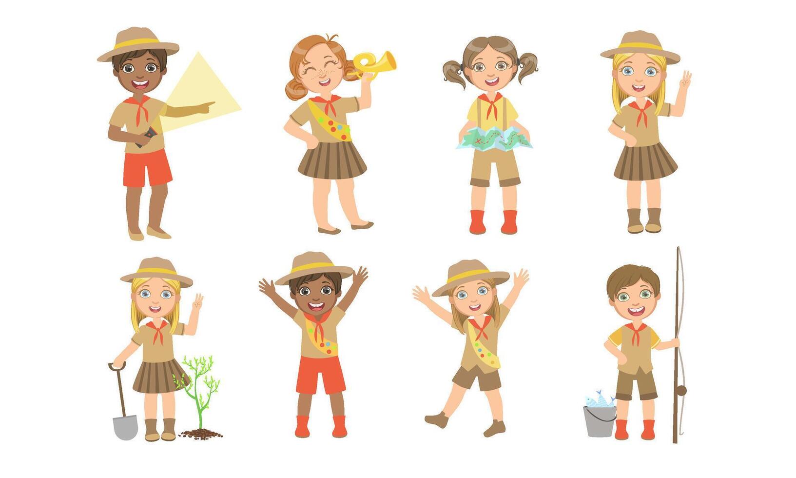 Cute Kids Scouts Camping Set, Cute Boys and Girls in Scout Costumes with Hiking Equipment Illustration vector
