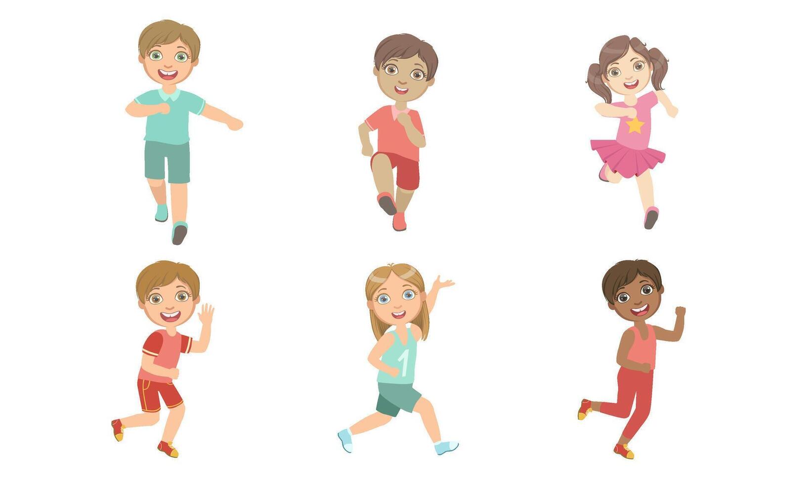 Happy Kids Running Set, Adorable Boys and Girls Doing Sport, Taking Part at Running Competition, Marathon Illustration vector