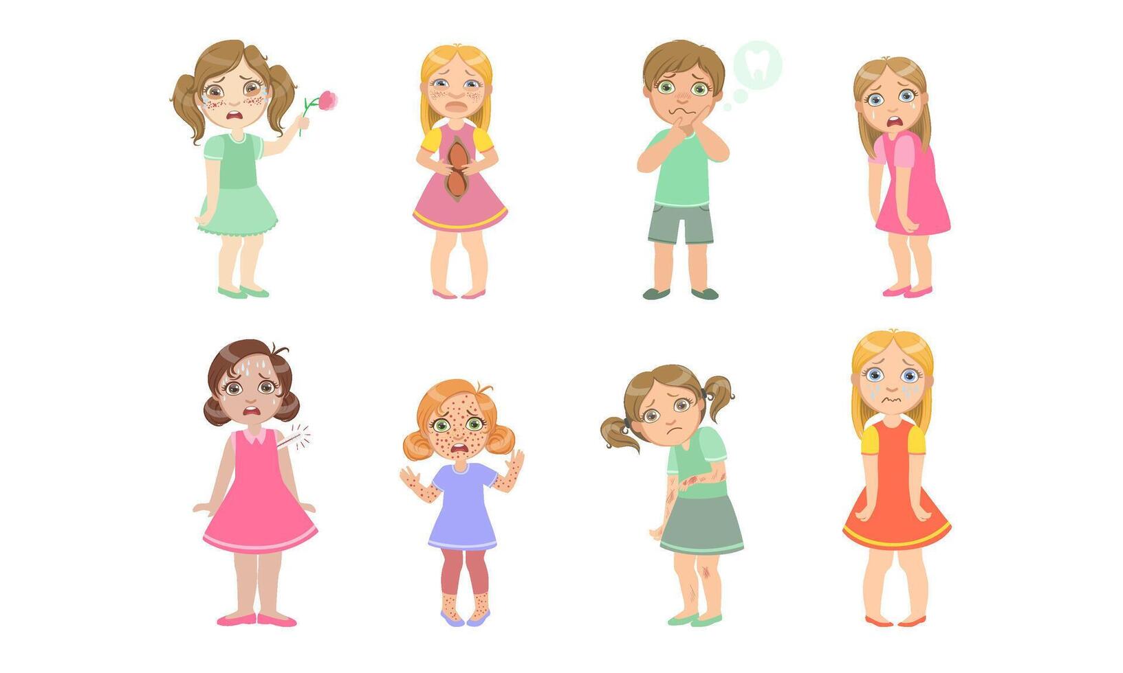 Sick Kids Characters Set, Cute Boys and Girls Suffering From Different Symptoms Illustration vector