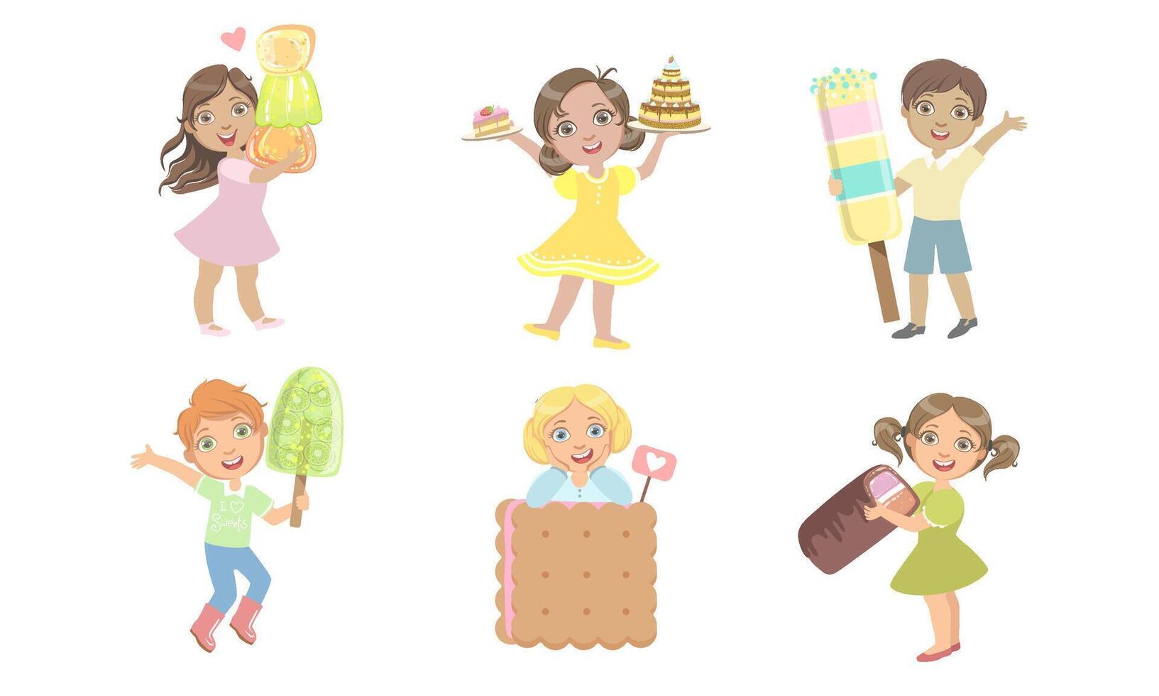 Cute Kids Eating Sweet Desserts Set, Happy Boys and Girls with cake, Marmalade, Ice Cream, Cookie, Popsicle Illustration vector
