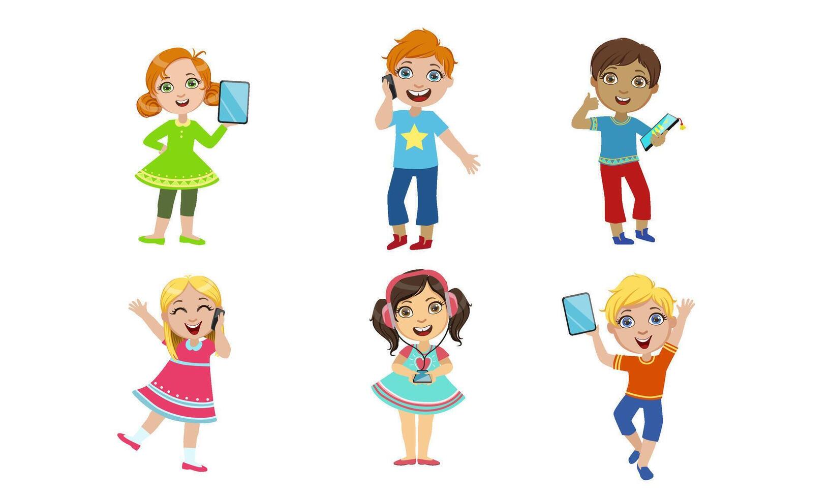 Kids with Gadgets Set, Cute Smiling Boys and Girls Characters Using Tablet, Smartphone, , Media Player Illustration vector