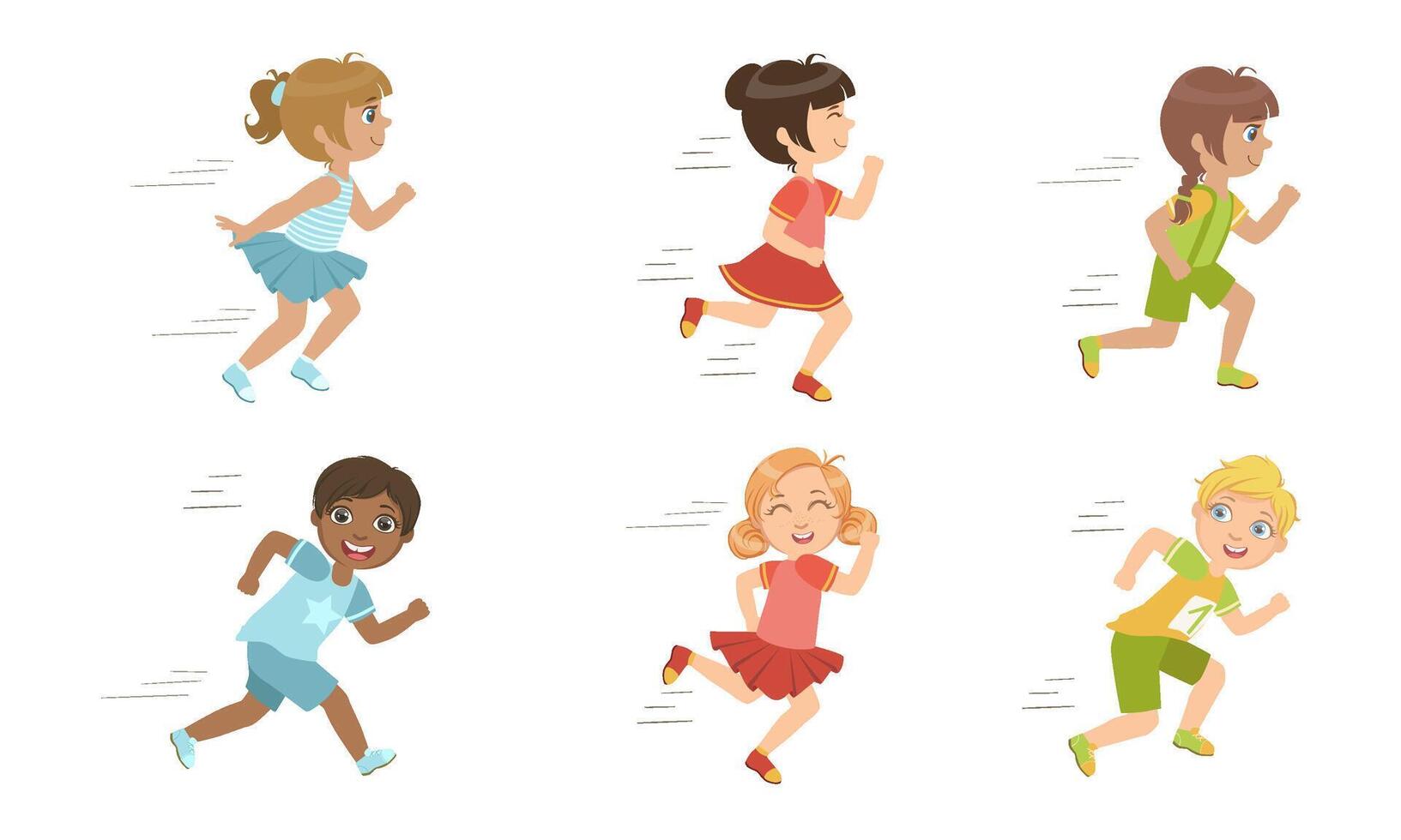 Cute Kids Running Set, Adorable Boys and Girls Doing Sport, Taking Part at Running Competition Illustration vector