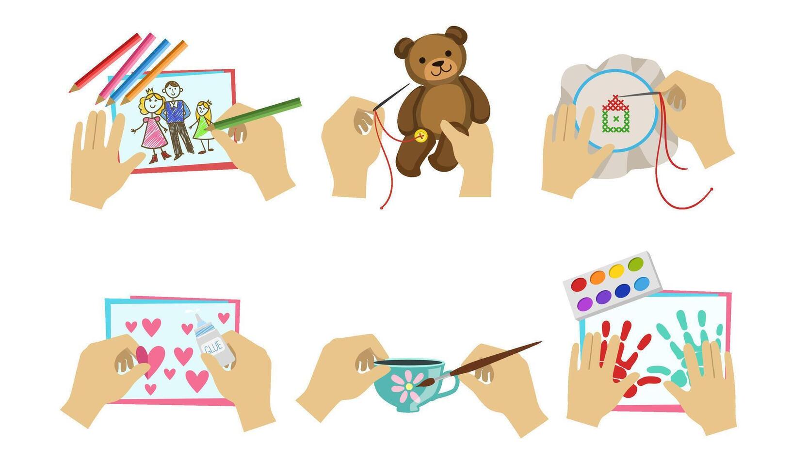 Human Hands Making Diy Crafts Set, Creative Hobbies, Painting, Sewing, Applique Illustration vector