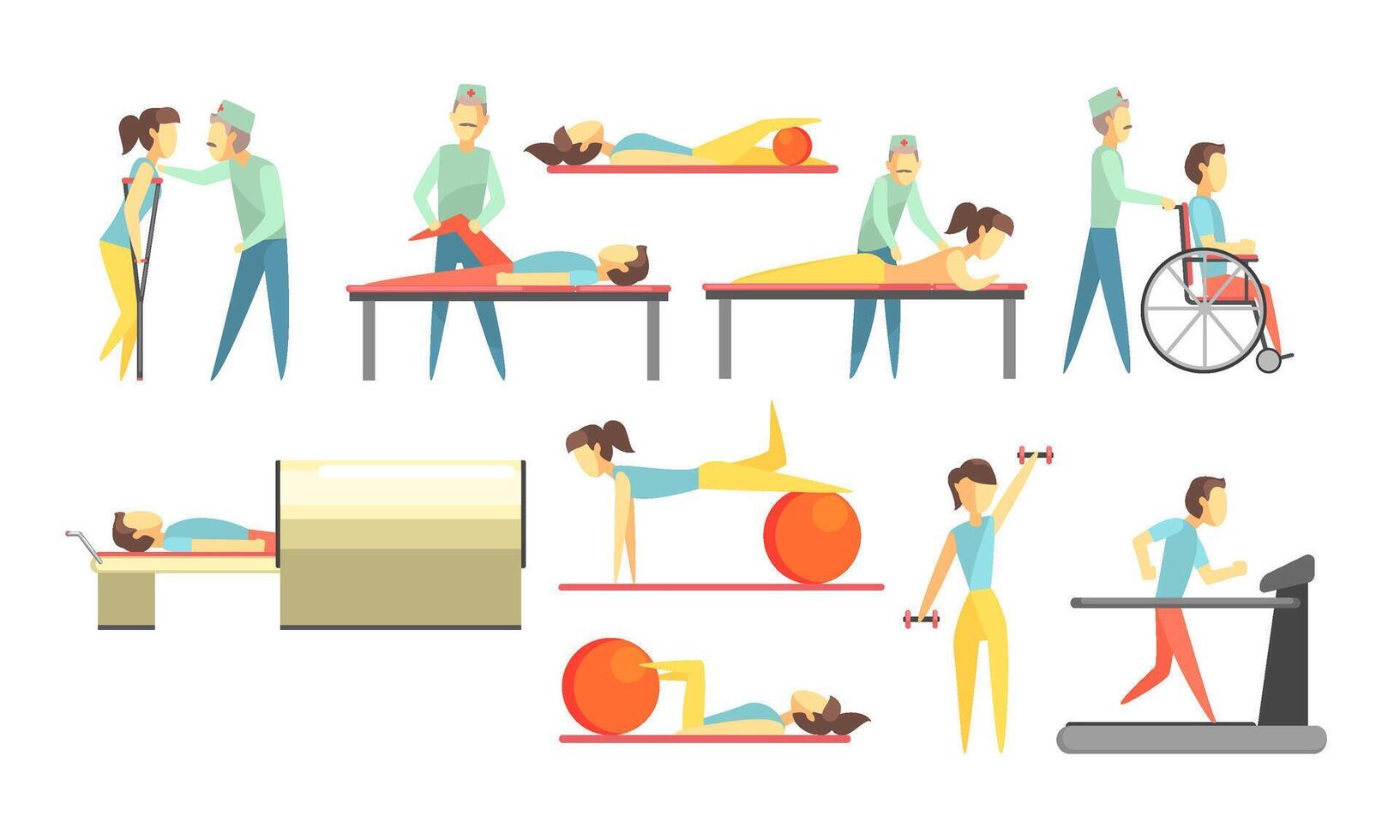 Medical Rehabilitation Set, Physiotherapist and Patients During Rehabilitation Procedures Illustration vector