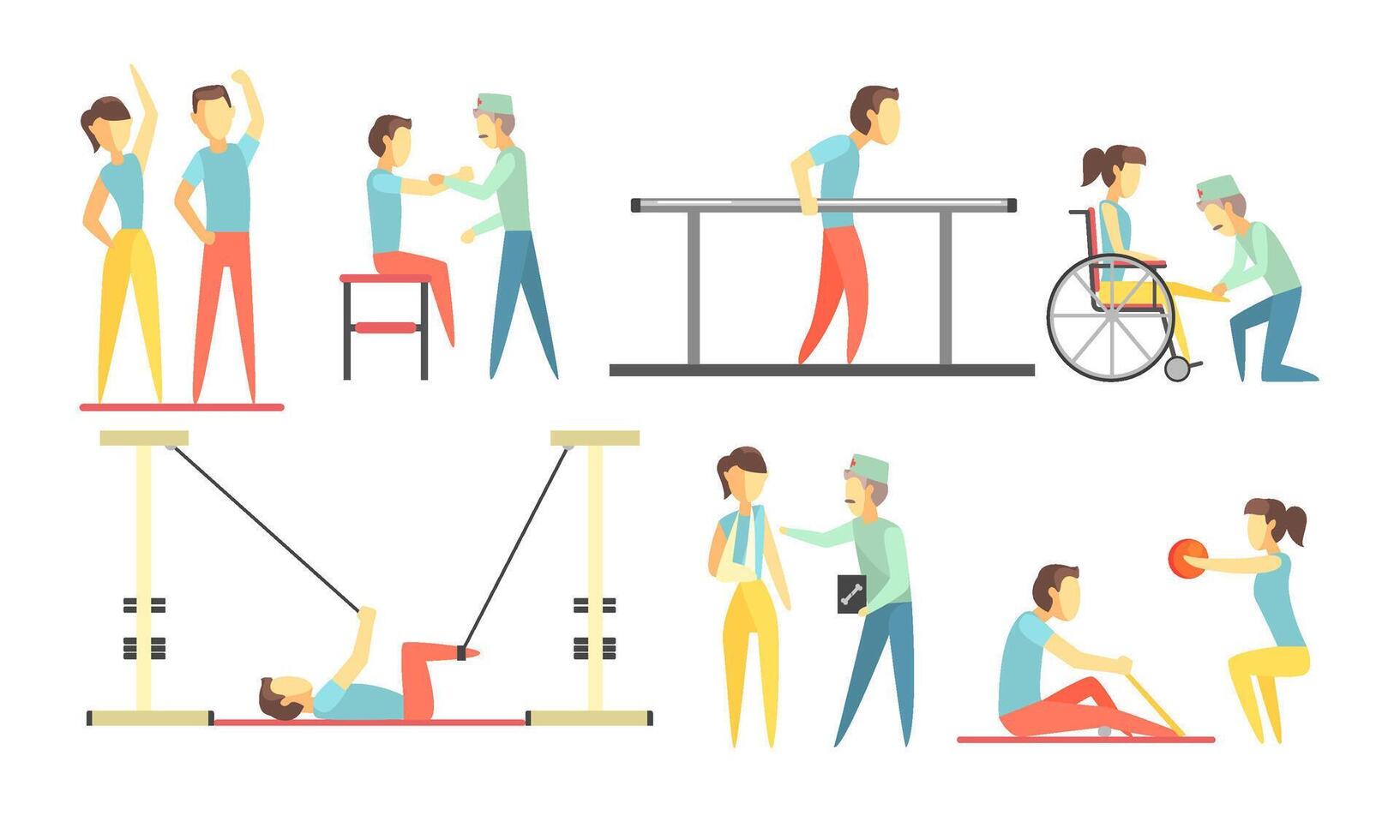 Medical Rehabilitation Set, Physiotherapist Doctor and Patients During Rehabilitation Procedures Illustration vector