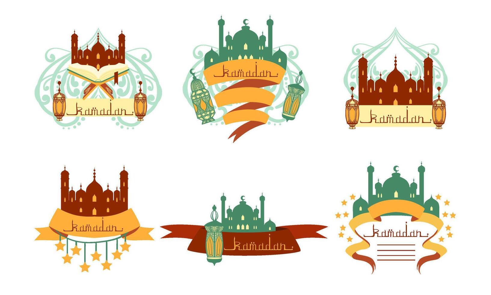 Ramadan Kareem Labels Set, Islamic Holy Holiday Badges, Card, Banner, Poster Design Element Illustration vector
