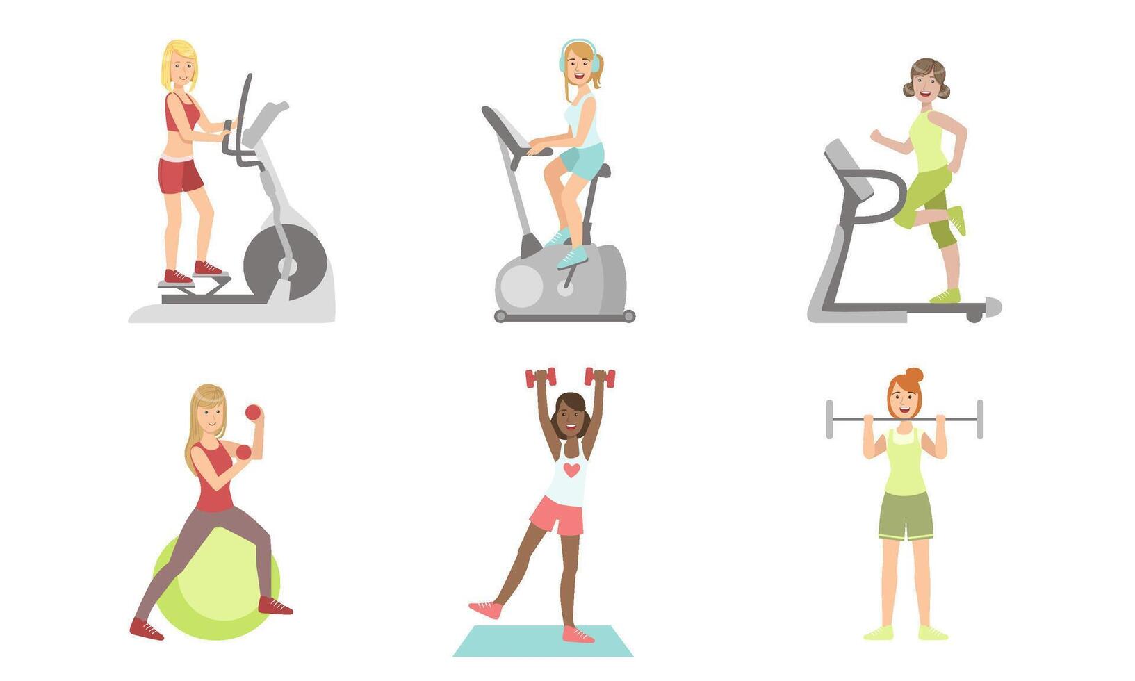 Young Women Doing Fitness Exercises in Gym Set, Girls Training with Treadmill, Exercise Bike, Dumbbells and Barbell Illustration vector