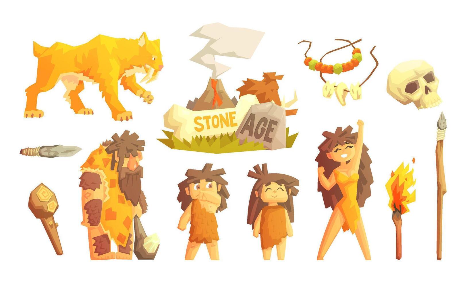 Primitive People and Stone Age Symbols Set, Prehistoric Family, Saber Toothed Tiger and Tools Illustration vector