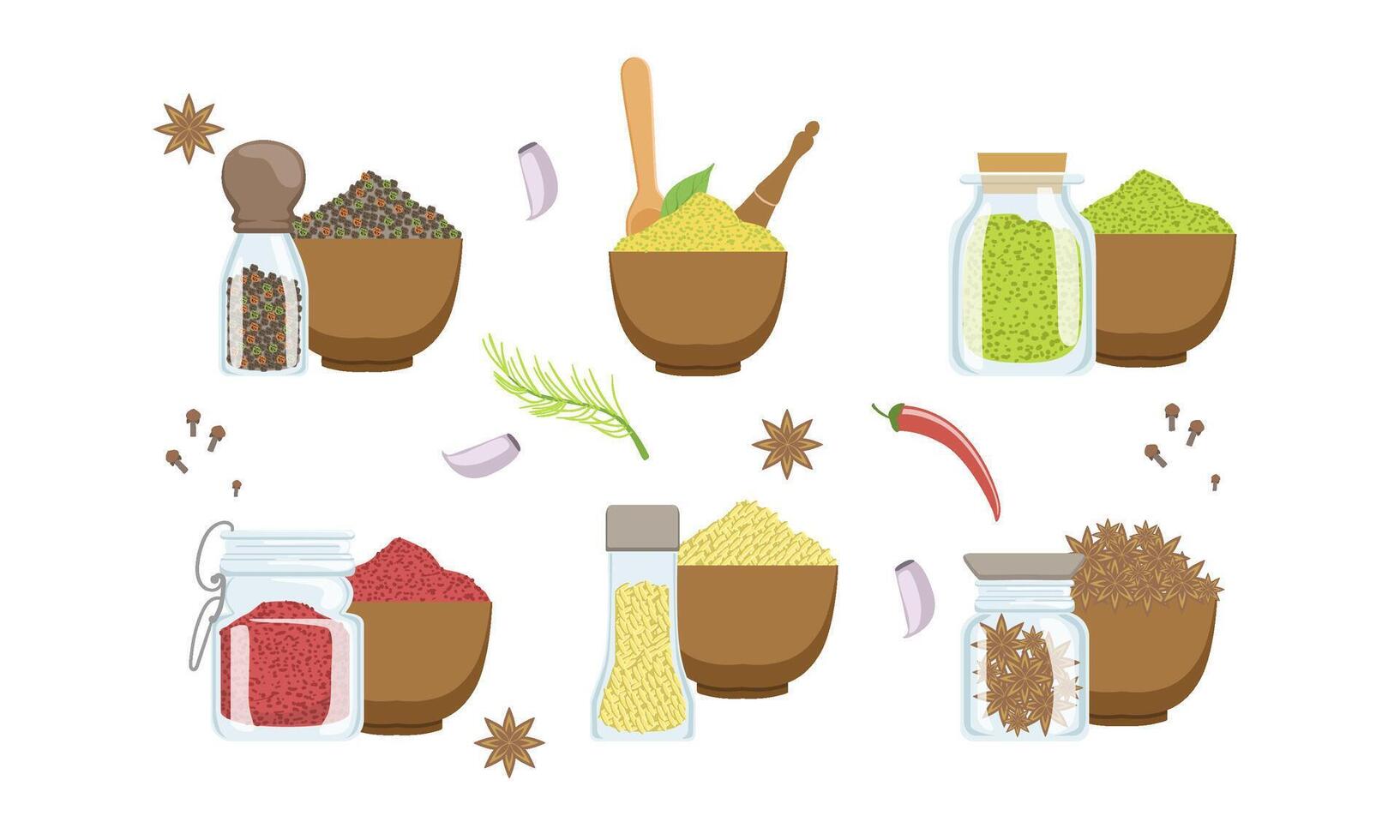 Spices in Wooden Bowl Set, Sesame, Anise Seeds, Peppercorns, Paprika Powder, Svanuri Marili Illustration vector