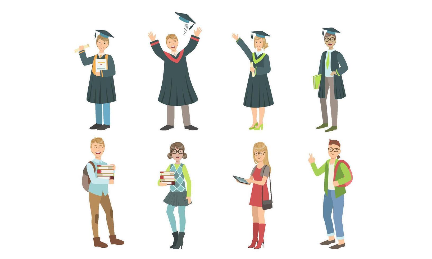 College or University Students Set, Graduated Students Wearing Academic Gown and Graduation Cap, Boys and Girls in Casual Clothes Illustration vector