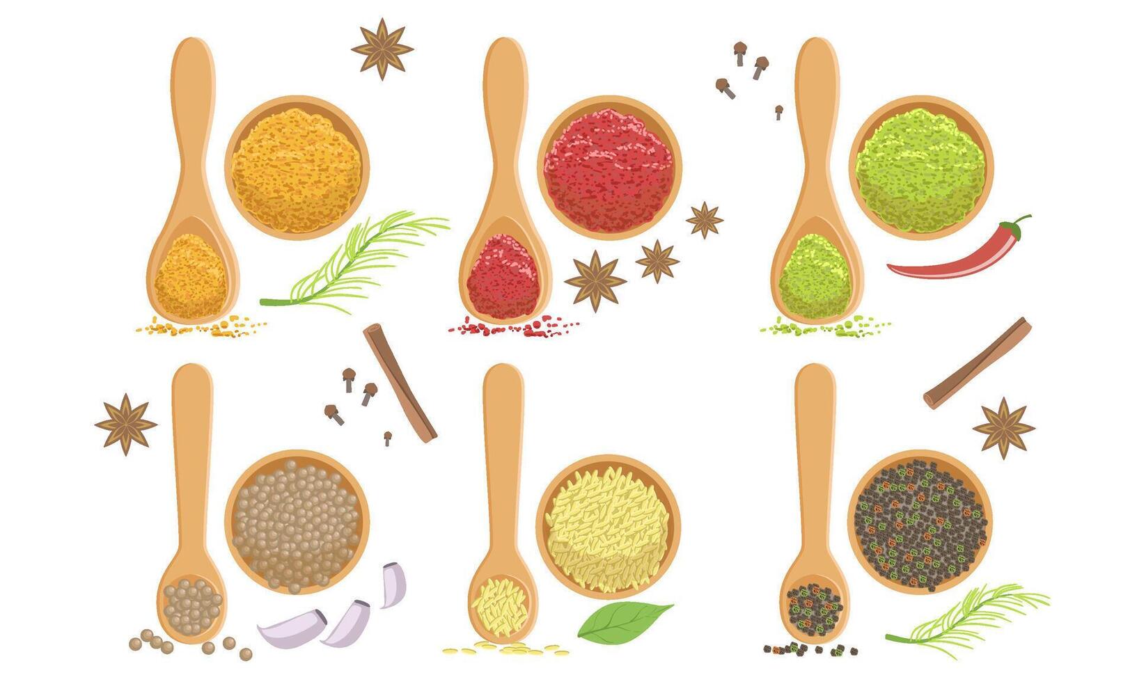Spices in Wooden Bowl Set, Svanuri Marili, Turmeric, Paprika, Curcuma Powder, Peppercorns, Sesame Seeds Illustration vector