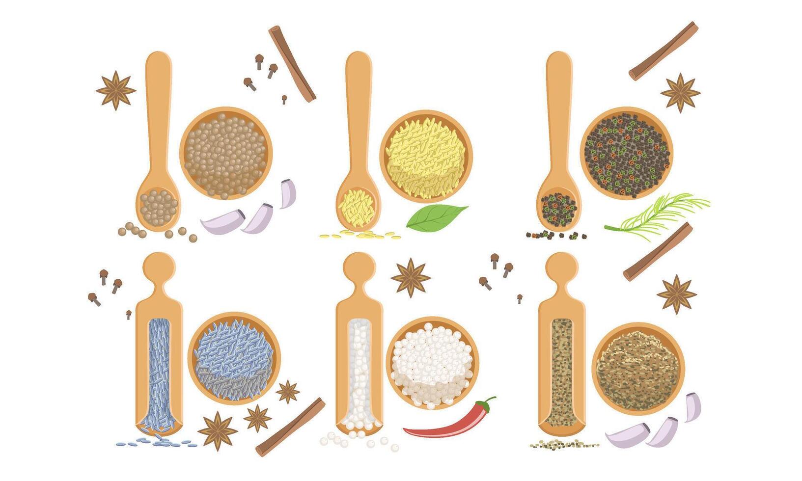Spices in Wooden Bowl Set, Peppercorns, Sesame, Fennel Seeds, Himalaya Salt Illustration vector