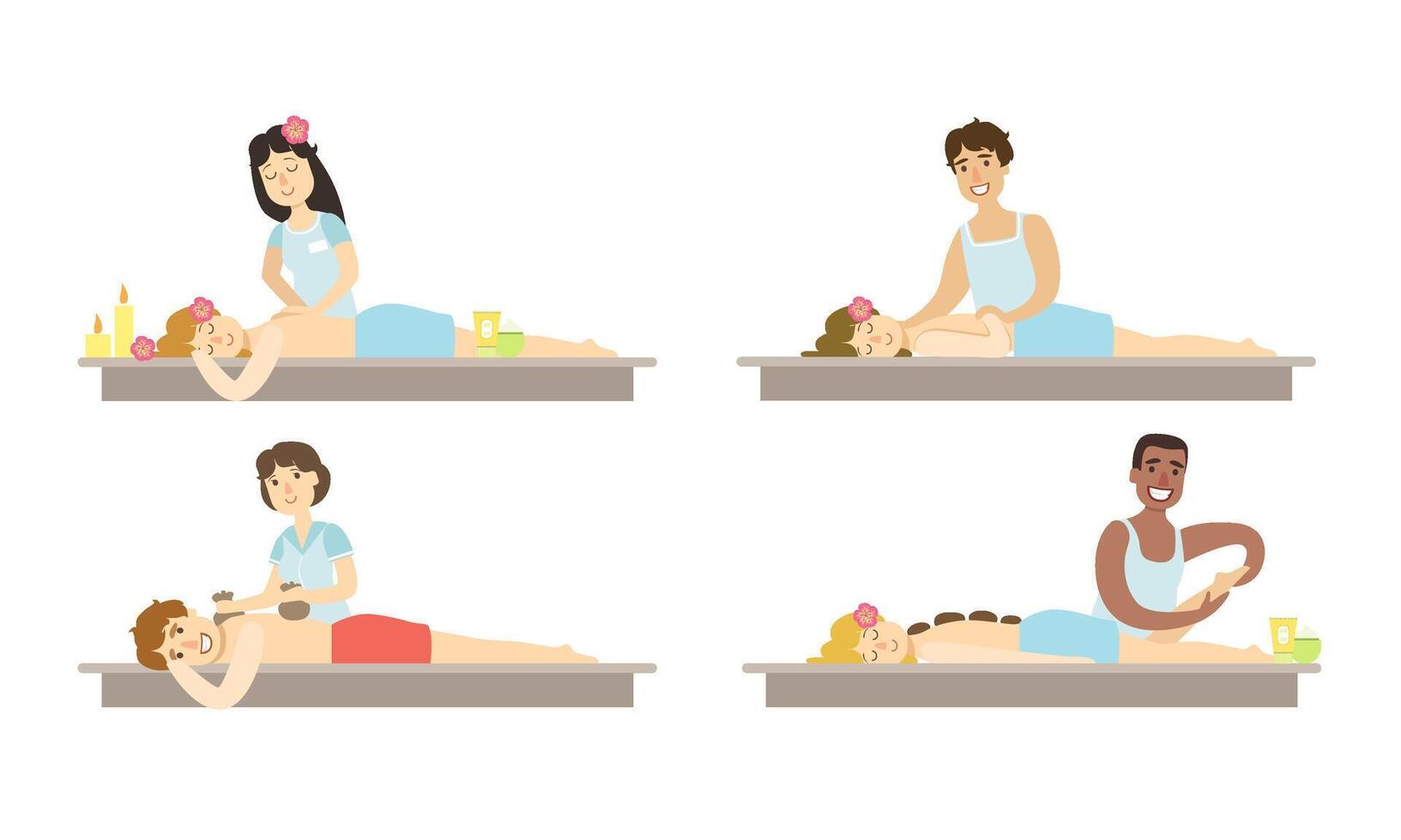 People Relaxing at Spa Salon Set, Man and Woman Taking Body Massage Treatment Illustration vector