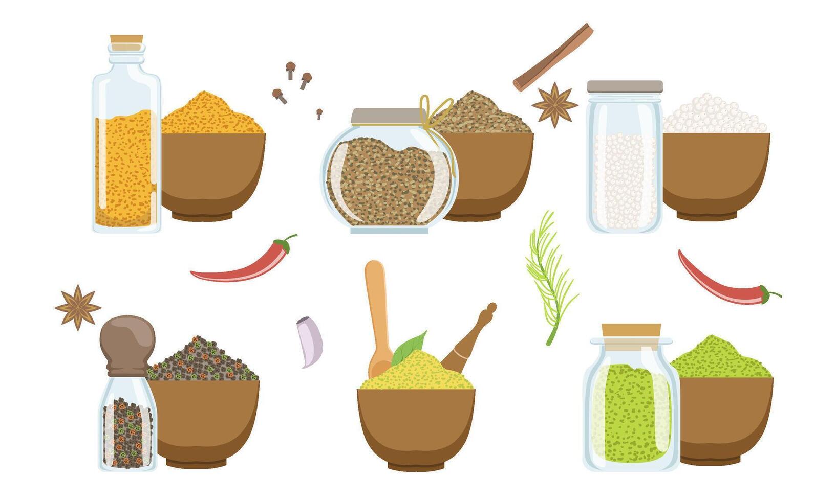 Spices in Wooden Bowl Set, Peppercorns, Sesame, Fennel Seeds, Svanuri Marili, Curcuma Powder, Himalaya Salt Illustration vector