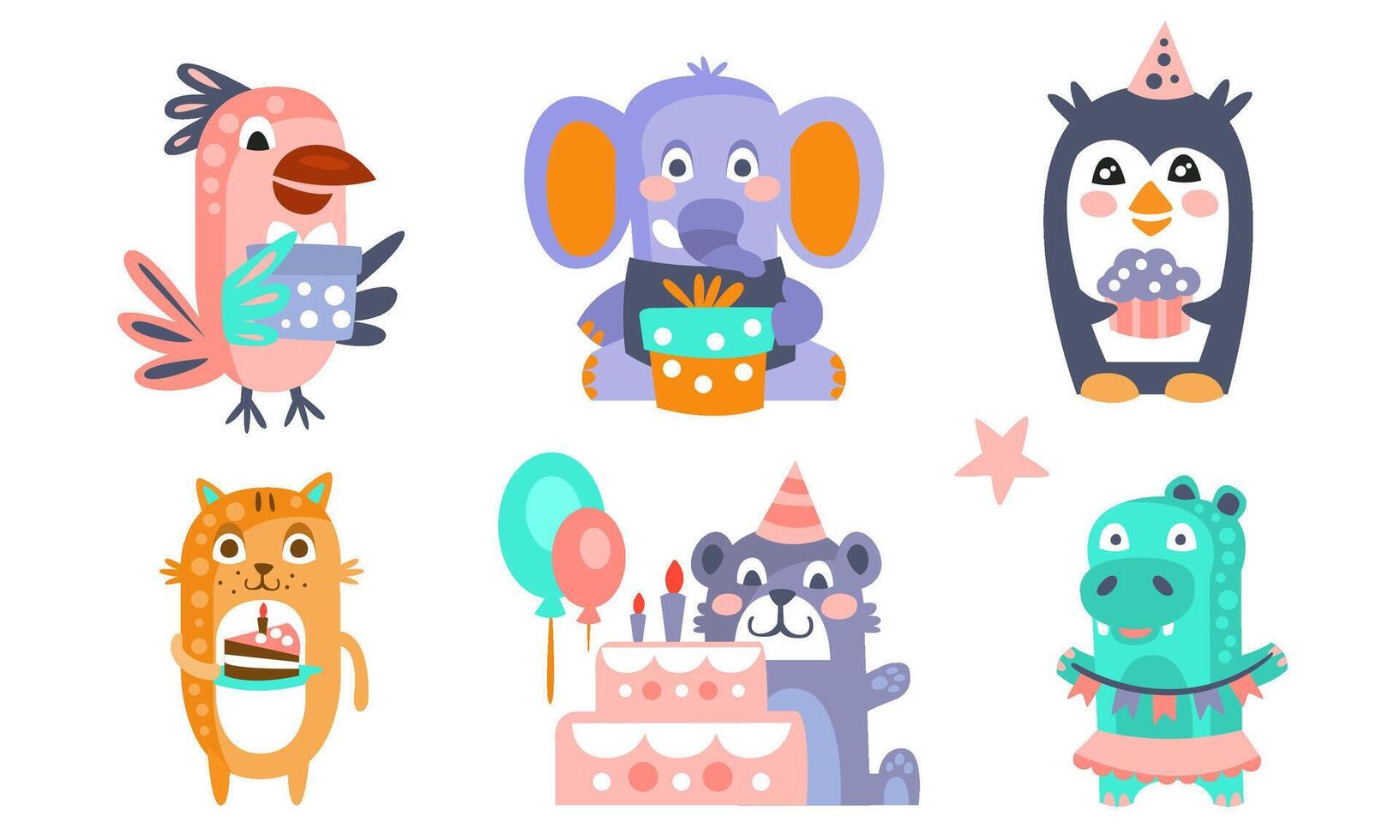 Cute Cartoon Animal Characters Set, Childish Birthday Party Design, Parrot, Elephant, Penguin, Cat, Bear, Crocodile Illustration vector