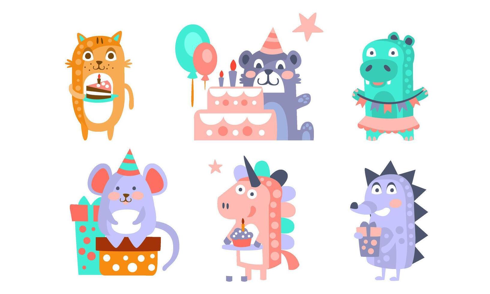 Cute Cartoon Animal Characters Set, Childish Birthday Party Design, Cat, Bear, Crocodile, Mouse, Unicorn, Hedgehog Illustration vector